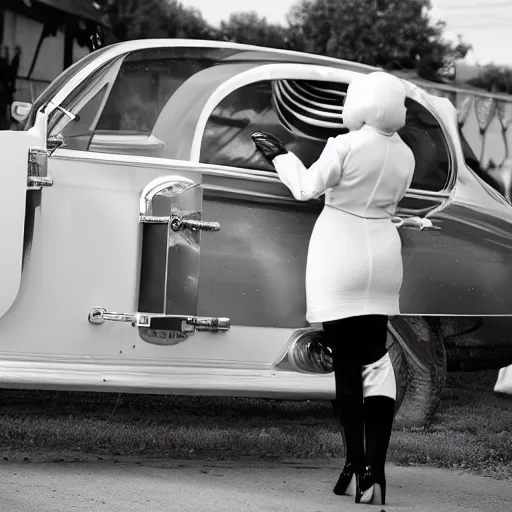 Prompt: lady gaga as a futuristic robot made out of white glass and shiny chrome washing a vintage 1 9 5 0's car, a woman washing a car on a hot summer day, high resolution film still, 8 k, hdr colors