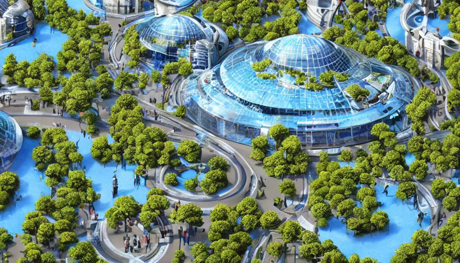 Prompt: futuristic london's zoo with trees, shops and hotels, blue glass domes with paths built around, animals, sunny day, crowded place with fountain, hyperdetailed, artstation, cgsociety, 8 k