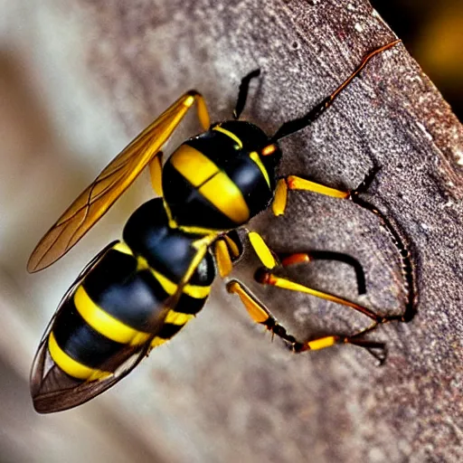 Prompt: wasp at a ring door camera, close - up of wasp, fisheye lens