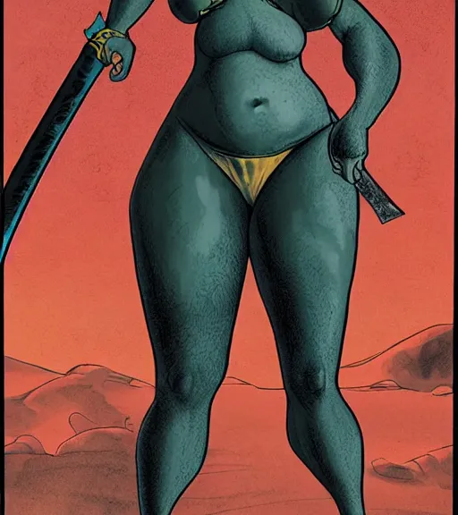 Prompt: 1 9 8 0 s fantasy novel book cover, bbw plus size amazonian emma stone in extremely tight bikini armor wielding a cartoonishly large sword, exaggerated body features, dark and smoky background, low quality print