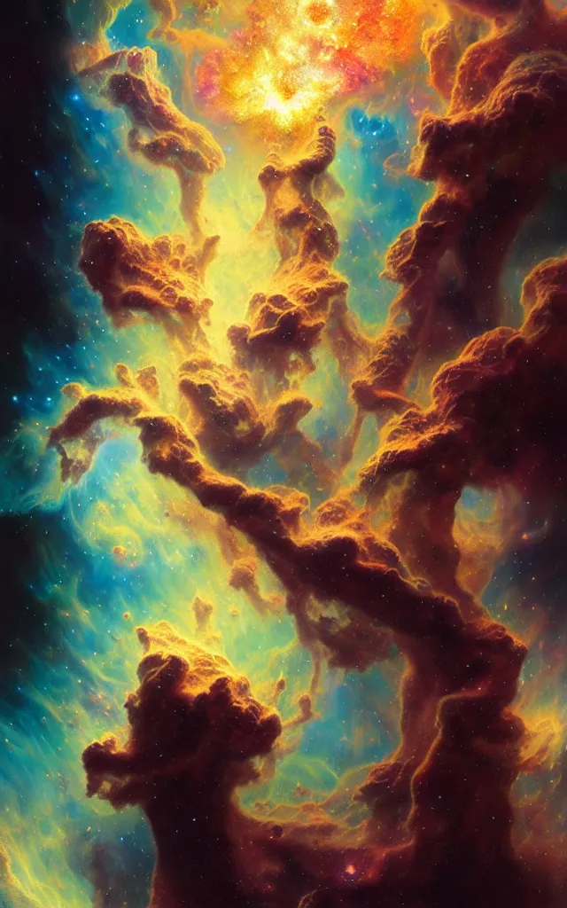 Prompt: psychedelic transcendent puffs of smoke explosion, supernova, nebulae, pillars of creation, enlightenment, high contrast lighting, highly detailed, concept art, art by collier, albert aublet, krenz cushart, artem demura, alphonse mucha