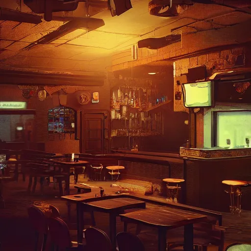 Image similar to Interior design Middle aged tavern in cyberpunk style by Moebius and Beeple. Very highly detailed 8K, Octane render