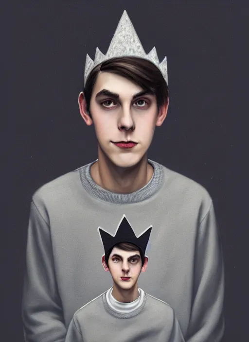 Prompt: portrait of teenage jughead jones wearing a light grey crown, photorealistic, crown, sweater with letter s on it, hamburger, eyes closed, crown, black hair, intricate, elegant, glowing lights, highly detailed, digital painting, artstation, concept art, smooth, sharp focus, illustration, art by wlop, mars ravelo and greg rutkowski