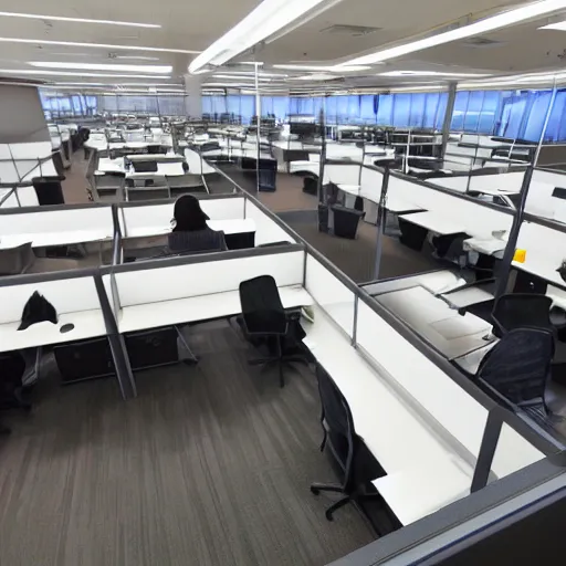 Prompt: an office space of cubicles, the employees are rats wearing business suits, wide angle
