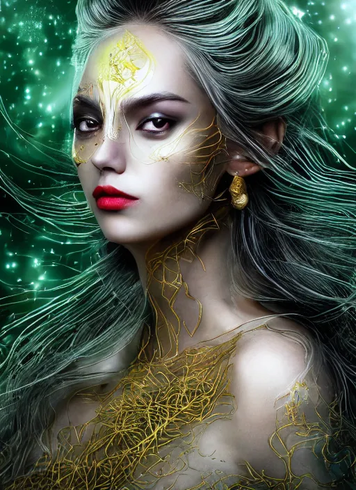 Image similar to glowing silver and golden elements, full close-up portrait, vector dark witch from shutterstock, book cover, green forest, white moon, red lips, establishing shot, extremly high detail, photo-realistic, cinematic lighting, pen and ink, intricate line drawings, by Yoshitaka Amano, Ruan Jia, Kentaro Miura, Artgerm, post processed, concept art, artstation, matte painting, style by eddie mendoza, raphael lacoste, alex ross