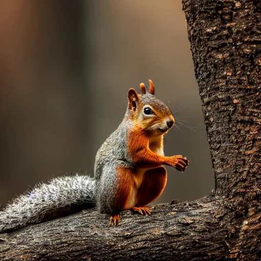 Prompt: A muscular strong squirrel, movie shot, photorealistic, ultra detailed, depth of field, Vibrant colors, studio shot, cinematic, dark atmosphere, sharp focus, bokeh, 8k