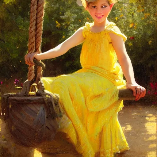 Prompt: a detailed portrait of a real cute girl on swing, wearing a yellow dress, smiling coy, painting by gaston bussiere, craig mullins, j. c. leyendecker, award winning hd photo