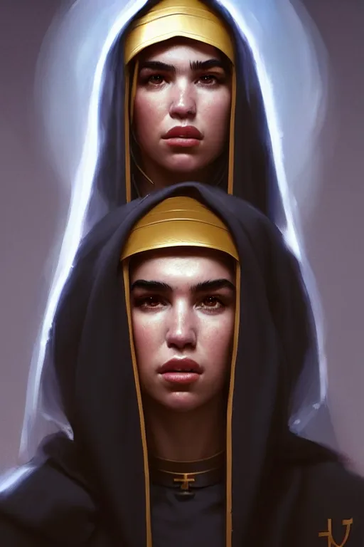 Image similar to portrait of dua lipa as a beautiful warrior nun as drawn by eric anthony johnson ericanthonyj artstation artgerm greg rutkowski and magali villeneuve 8 k subsurface scattering, soft light