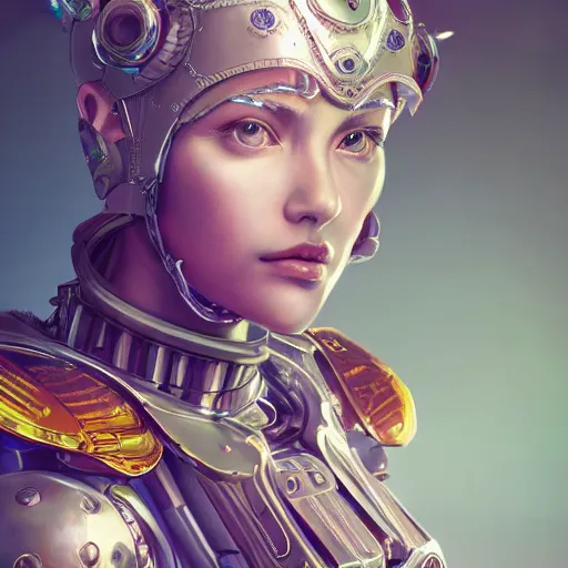 Image similar to studio portrait of lawful good colorful female holy mecha paladin absurdly beautiful, elegant, young sensual graceful woman, ultrafine hyperrealistic detailed face illustration by kim jung gi, irakli nadar, intricate linework, sharp focus, bright colors, matte, octopath traveler, final fantasy, unreal engine highly rendered, global illumination, radiant light, intricate environment