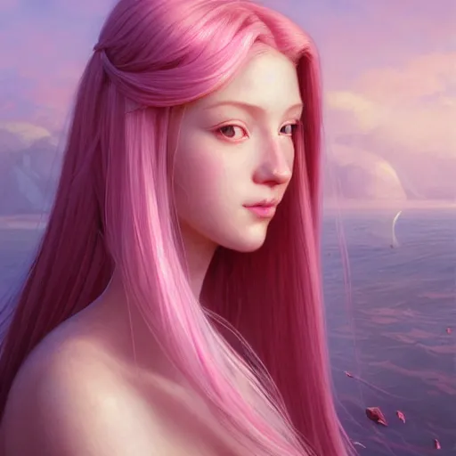 Image similar to perfectly-centered-Portrait of a pink haired Goddess, The Perfect Human Female Specimen, intricate, elegant, super highly detailed, professional digital painting, artstation, concept art, smooth, sharp focus, no blur, no dof, extreme illustration, Unreal Engine 5, 8K, art by artgerm and greg rutkowski and alphonse mucha loish and WLOP
