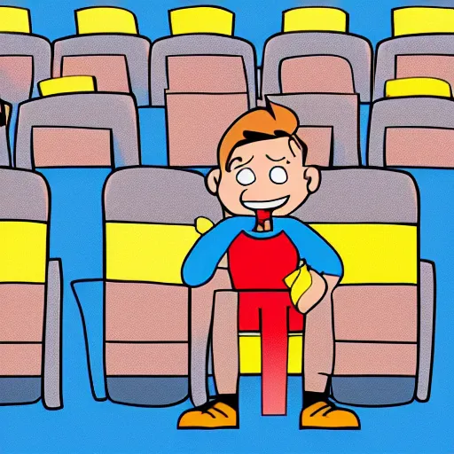 Prompt: a boy sitting alone in a movie theater eating popcorn, in the style of doug, 1 9 9 0 s cartoon,