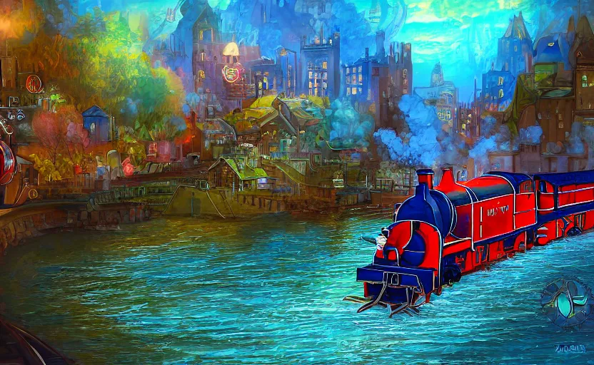 Prompt: A steam locomotive rides along of a waterway on a fantasy city. Fantasy and concept art, colorful digital painting.