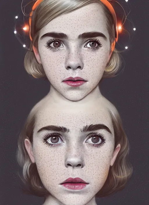 Image similar to portrait of kiernan shipka with freckles, white hair, 1 9 6 0 s bob hairstyle, hairstyle with bangs, 1 9 6 0 s bob hair with bangs and hairband, intricate, elegant, glowing lights, highly detailed, digital painting, artstation, concept art, smooth, sharp focus, illustration, art by wlop, mars ravelo and greg rutkowski