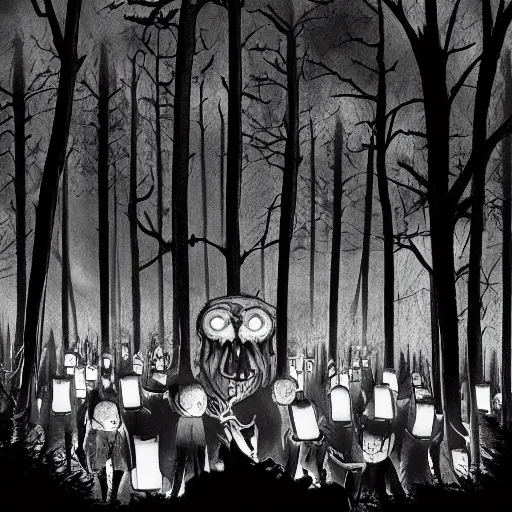 Prompt: Gathering of cryptids in a forest at night while Alex Jones spies on them, bonfire, creepy, shadows, creatures, cryptids, trending on artstation, featured on behance