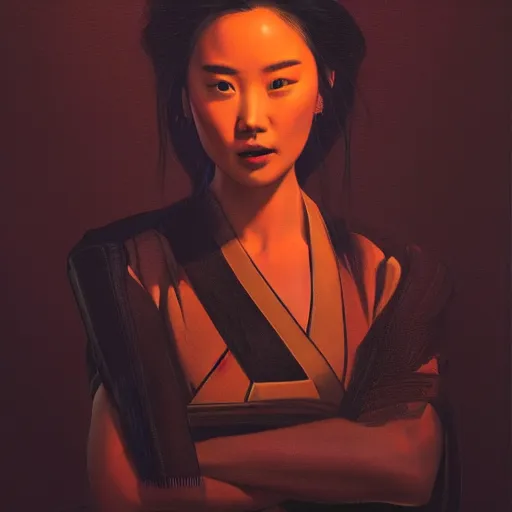Image similar to Portrait of Mulan, pitch black room, extremely detailed, oil on canvas, low-key neon lighting, realist, artstation, Blade Runner 2049, Roger Deakin’s cinematography, by J. C. Leyendecker and Peter Paul Rubens and Stephen Bauman,