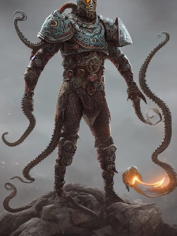 Prompt: full body frontview portrait of single warrior with octopus armour, d & d character design, designed in blender, 4 k hd, octane render, intricate and highly detailed, coloured with lots of colour, cinematic, pose, fantasy, sharp focus