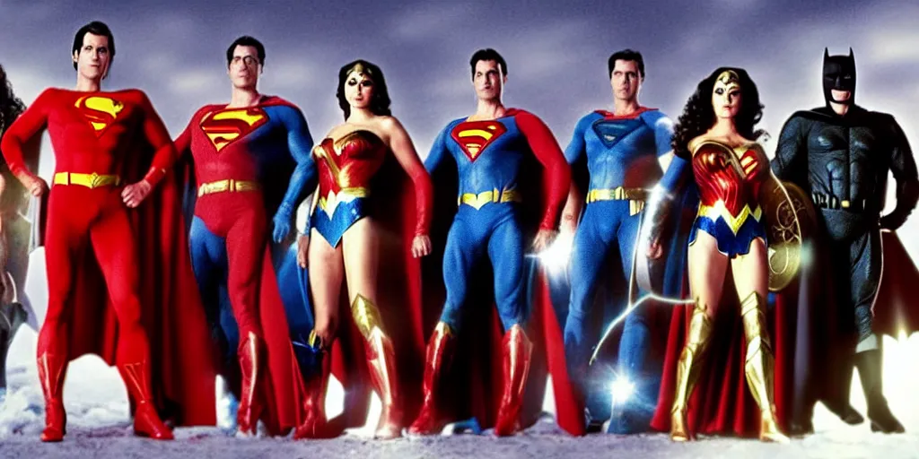 Prompt: DC Justice League with Lynda Carter as Wonder woman, Nicolas Cage as superman, Michael Keaton as Batman and Wesley Snipes as Flash