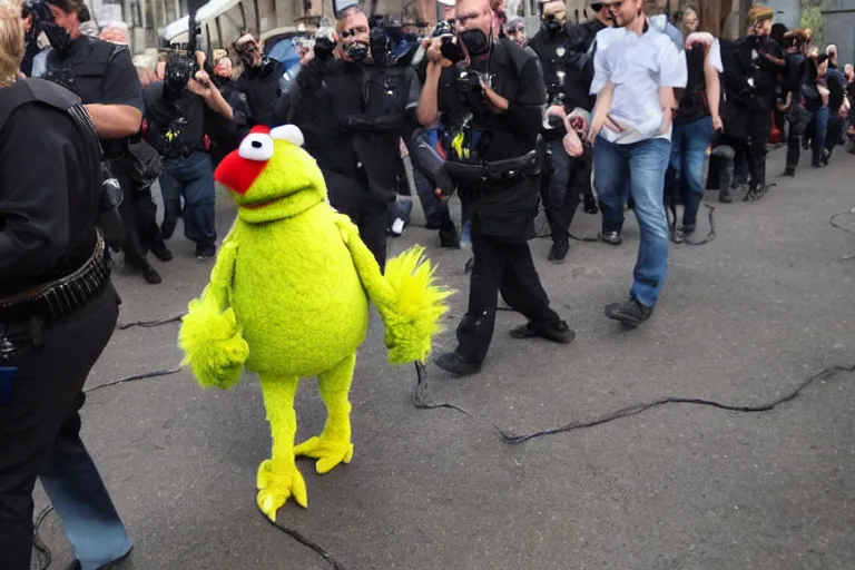 Prompt: muppet Big-Bird in shackles being escorted to the docks in a courtroom