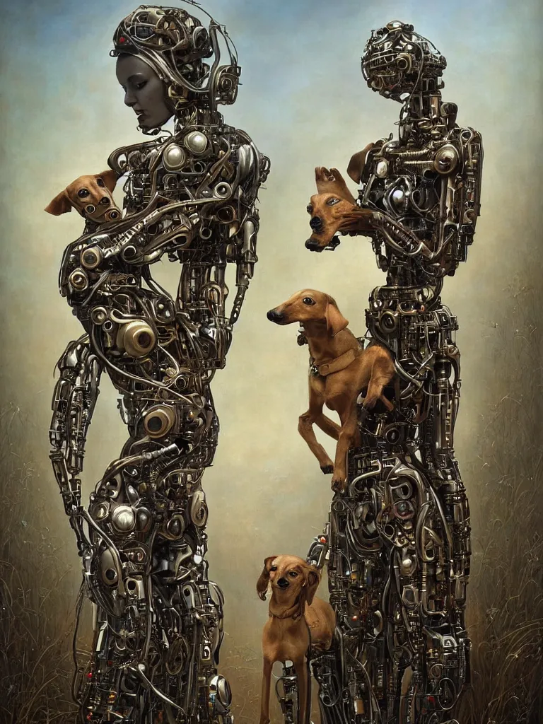 Prompt: portrait of a beautiful female android robot holding a whippet dog in her arms. Biopunk, steampunk, mecha, sighthounds, painting by James C. Christensen, by Tomasz Alen Kopera