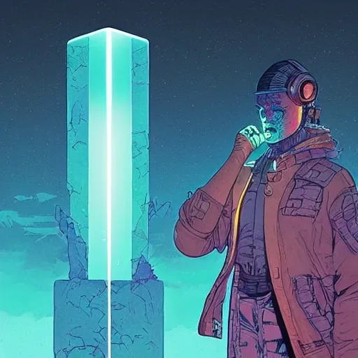 Prompt: a cyberpunk explorer meditating next to a floating triangular glowing monolith with one eye, highly detailed, midnight, by josan gonzalez and victo ngai and moebius