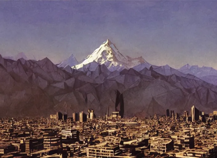 Image similar to a black monolith in the middle of santiago de chile with the andes mountain range in the background. illustration by john berkey kubric cinematographic image