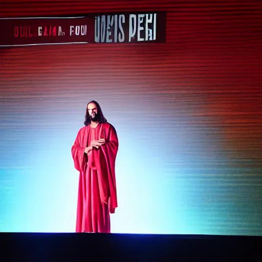 Image similar to jesus on stage at e 3 introducing game about jesus, photograph, 2 0 1 7, 4 k