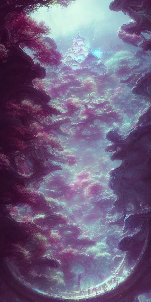 Image similar to a psychedelic realm hidden away in a pocket of ethereal understanding, astral projection of himeji castle, in the style of greg rutkowski, and wlop, and lisa frank, and bob ross, and ruan jia, illustration, epic, fantasy, hyper detailed, smooth, unreal engine, sharp focus, ray tracing