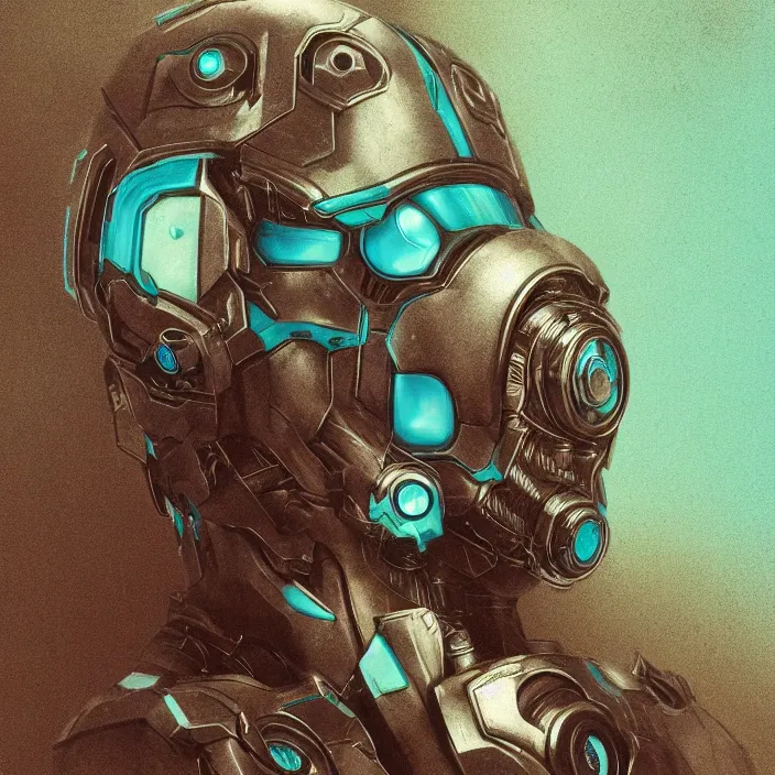 Prompt: portrait of a cyan Ultron from Age of Ultron, clockwork steampunk, head and chest only, techno texture background, by Beksinski, 4k, deviantart, trending on artstation