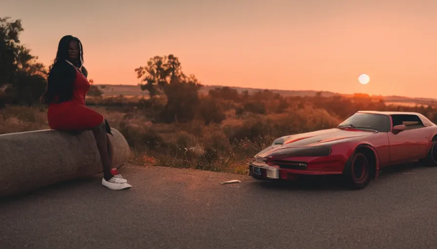 Image similar to a black woman sitting on a red sports car looking at the sunset, golden hour, cinematic, establishing shot