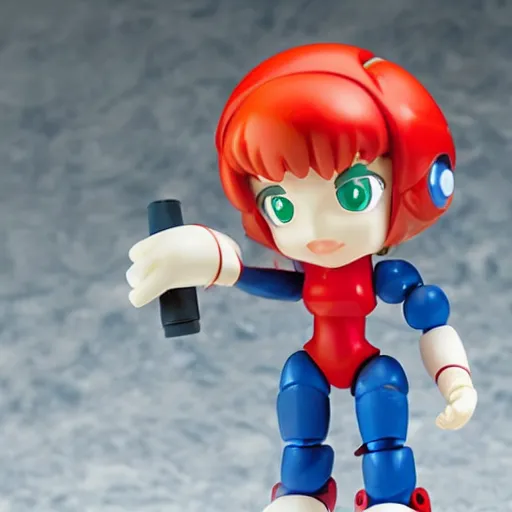 Image similar to photo of figma figures in a diorama : : roll is repairing computers in dr. light's laboratory. roll is a cute female ball - jointed robot ( in the style of mega man ) who has blonde hair with bangs and a ponytail tied with a green ribbon. she is wearing a red one - piece dress with a white collar, and red boots.