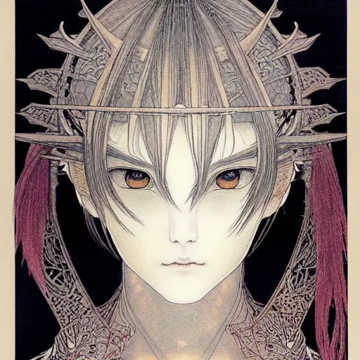 Image similar to prompt: Fragile looking vessel portrait soft light drawn by Takato Yamamoto, inspired by Fables, weapons around the face ancient dark chrome knight armor, magical and alchemical objects on the side, soft light, white background, intricate detail, intricate oil painting detail, sharp high detail, manga and anime 2000