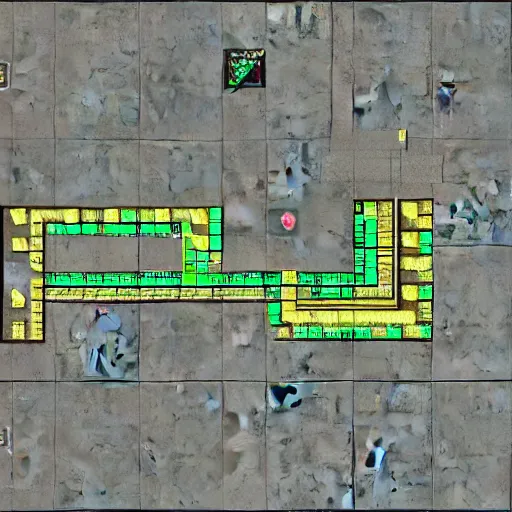 Image similar to cs : go minimap, layout of map, 2 character spawn locations on opposite sides of map with a highlighted box around them, 2 objective sites with a hihg lighted box around them, overhead view of the minimap design