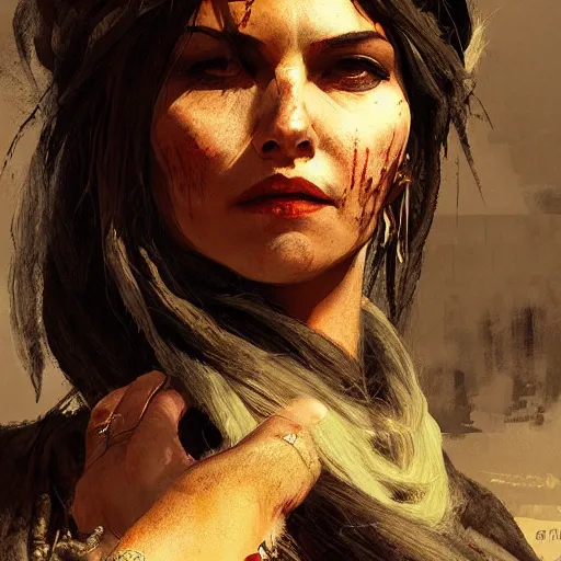 Image similar to portrait of a bandit woman, drawn by ruan jia, fantasy art, red dead redemption, django, town background, weird west, deadlands, dramatic lighting, digital art, 8 k, extremely detailed