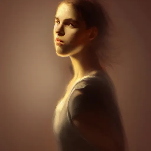 Image similar to a young woman, dramatic lighting, chiaroscuro, high detail, painted by romain jouandeau, trending on artstation