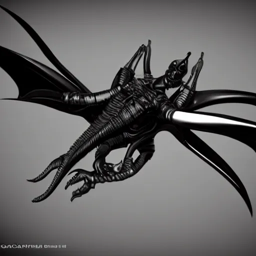 Image similar to 3d render of a xenomorphic bat, black chrome