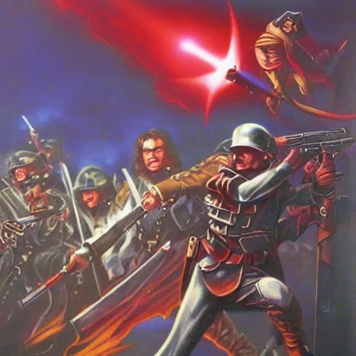 Prompt: high fantasy 1 9 8 0's wargame airbrushed artwork, an american senator overcome by dark mysterious energy, red glowing evil possessed eyes, waving a chrome revolver