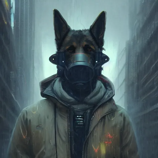 Prompt: new york city portrait of furry anthro anthropomorphic german shepard head animal person fursona wearing clothes strange cybernetic muzzle gloomy rainy cyberpunk digital art by Greg Rutkowski, Simon Stalenhag, trending on Artstation, CGSociety