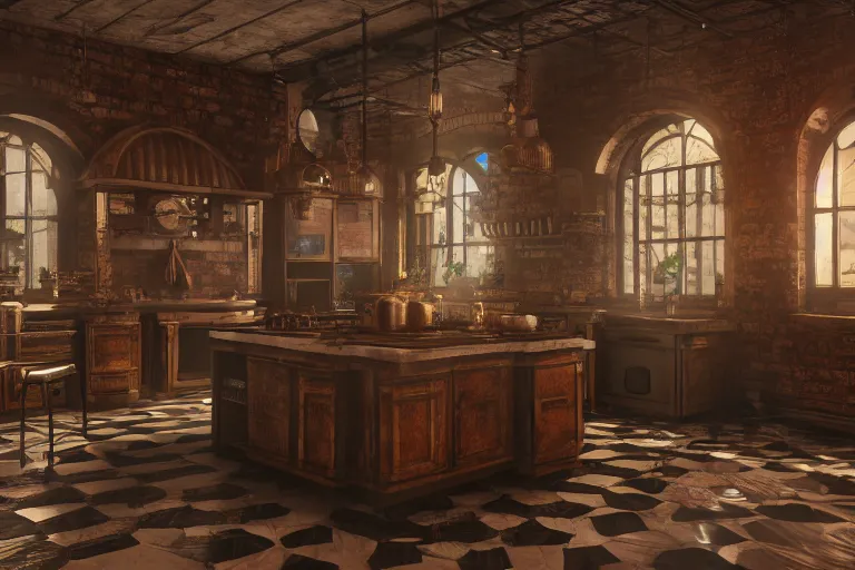 Image similar to steampunk kitchen, liminal space, high detail, rendered in unreal engine, 3d render, god rays, volumetric lighting, HDR, subsurface scatter, mansion, interior, large windows, rich house