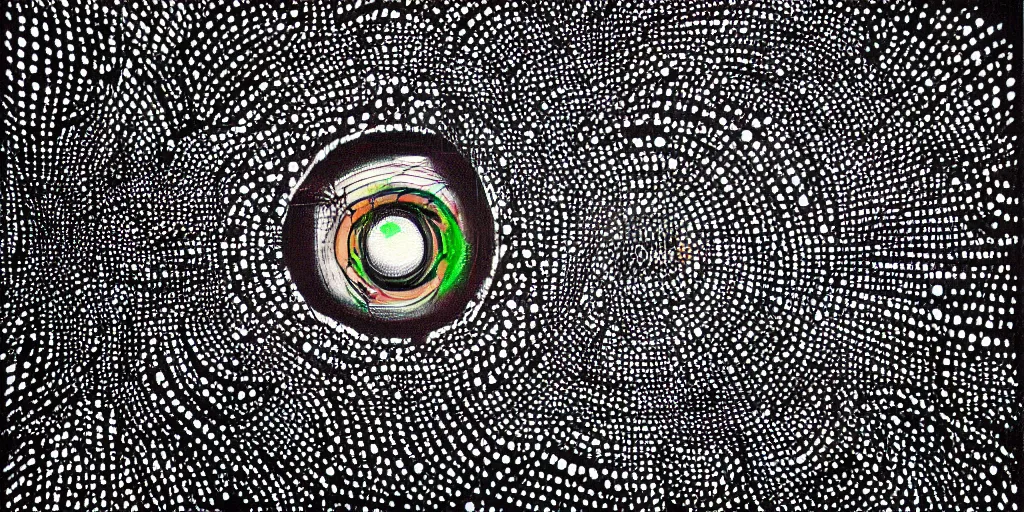 Image similar to deconstructed eye camo, technical, acrylic, teeth, death metal, eerie, tribal, clay, dotting, lines, stipple, points, cybernetic, style of old painting, francis bacon art, sleep paralysis, hypnosis, eerie, terror, oil, neon, black and white, splotches, colorful dots, ominous, abstract