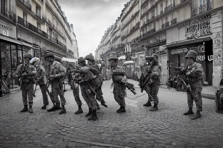 Image similar to soldiers fighting in the street of Paris, photography photorealism, photojournalism