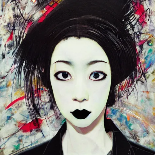 Image similar to yoshitaka amano blurred and dreamy minimalistic oil portrait of a young woman with black lipstick and black eyes wearing dress suit with tie, junji ito abstract patterns in the background, satoshi kon anime, noisy film grain effect, highly detailed, renaissance oil painting, wide brush strokes, weird portrait angle, blurred lost edges