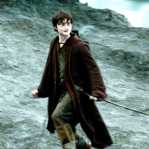 Image similar to daniel radcliffe as harry potter walking, in mordor from lord of the rings