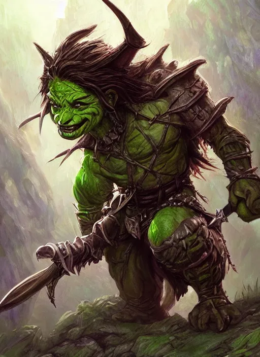 Image similar to goblin, ultra detailed fantasy, green, dndbeyond, bright, colourful, realistic, dnd character portrait, full body, pathfinder, pinterest, art by ralph horsley, dnd, rpg, lotr game design fanart by concept art, behance hd, artstation, deviantart, hdr render in unreal engine 5