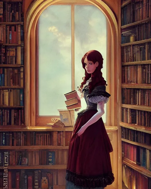 Prompt: a portrait of a victorian maid with long, flowing, auburn hair, standing in a victorian reading room, window, short bookshelf, holding a stack of books, vivid colors, soft lighting, atmospheric, cinematic, moody, in the style of Ilya Kuvshinov and Range Murata, Krenz Cushart, oil on canvas, anime, 8K