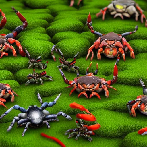 Prompt: voidless of the festival, large group of crabs and worms, crawling along a bed of moss, low poly, creeper world, handcrafted, artstation, hyperrealistic, hard light, best practices, creeptastic, photorealism, macro perspective, cuddly