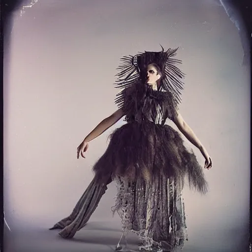 Image similar to damaged kodak portra 4 0 0, wetplate, photo of a surreal artsy dream scene,, very beautiful model, weird fashion, grotesque, extravagant dress, strange pose, carneval, with an animal, wtf, photographed by paolo roversi style