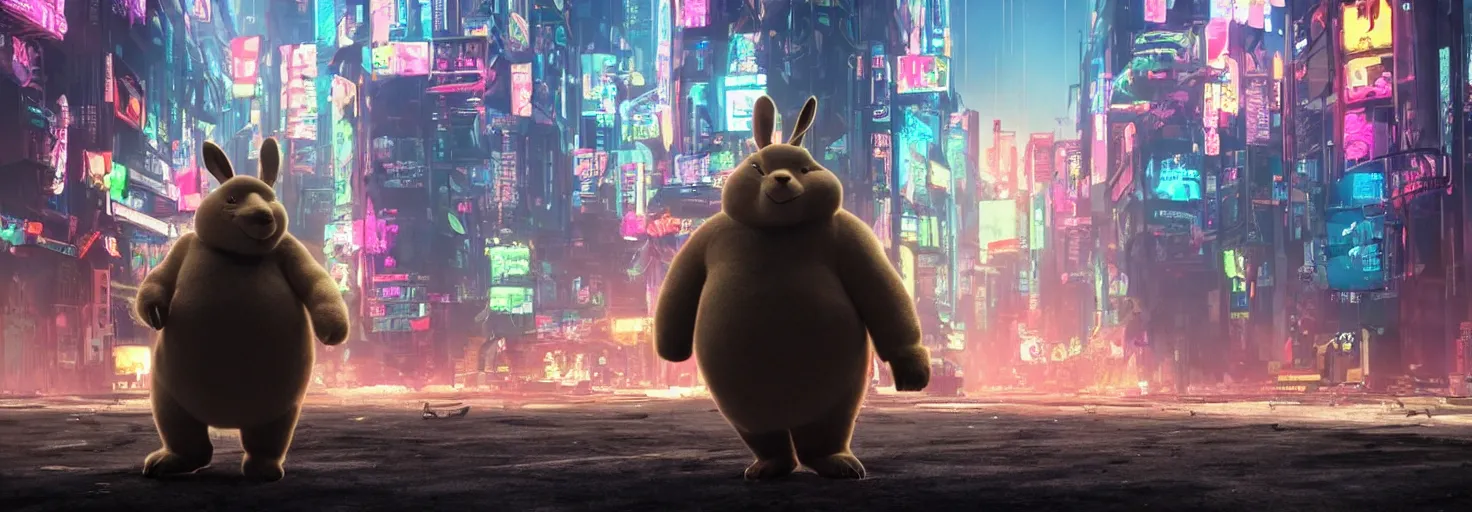 Image similar to photo big chungus roaming in a cyberpunk futuristic city