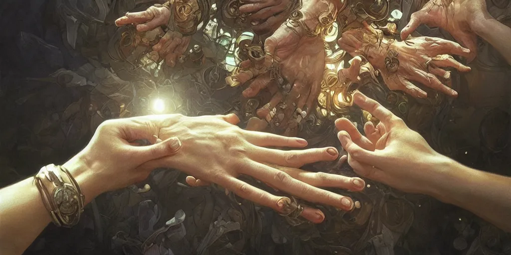 Image similar to too many hands, gnarled, so many hands, fingers, weird amount of hands, intense lighting, light beams, lens flare, intricate, elegant, highly detailed, digital painting, artstation, concept art, smooth, sharp focus, illustration, art by artgerm and greg rutkowski and alphonse mucha