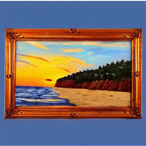 Prompt: sunset over a wooden cabin on the coast, sea, oil painting