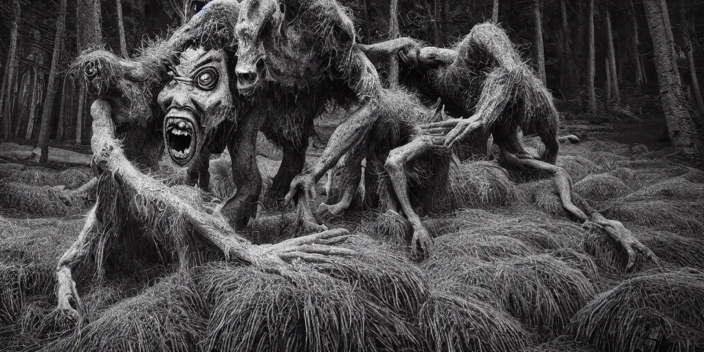 Image similar to photography of hay monsters, dancing, forest, dolomites, alpine, detailed intricate insanely detailed octane render, 8k artistic 1920s photography, photorealistic, black and white, chiaroscuro, hd, by David Cronenberg, Raphael, Caravaggio